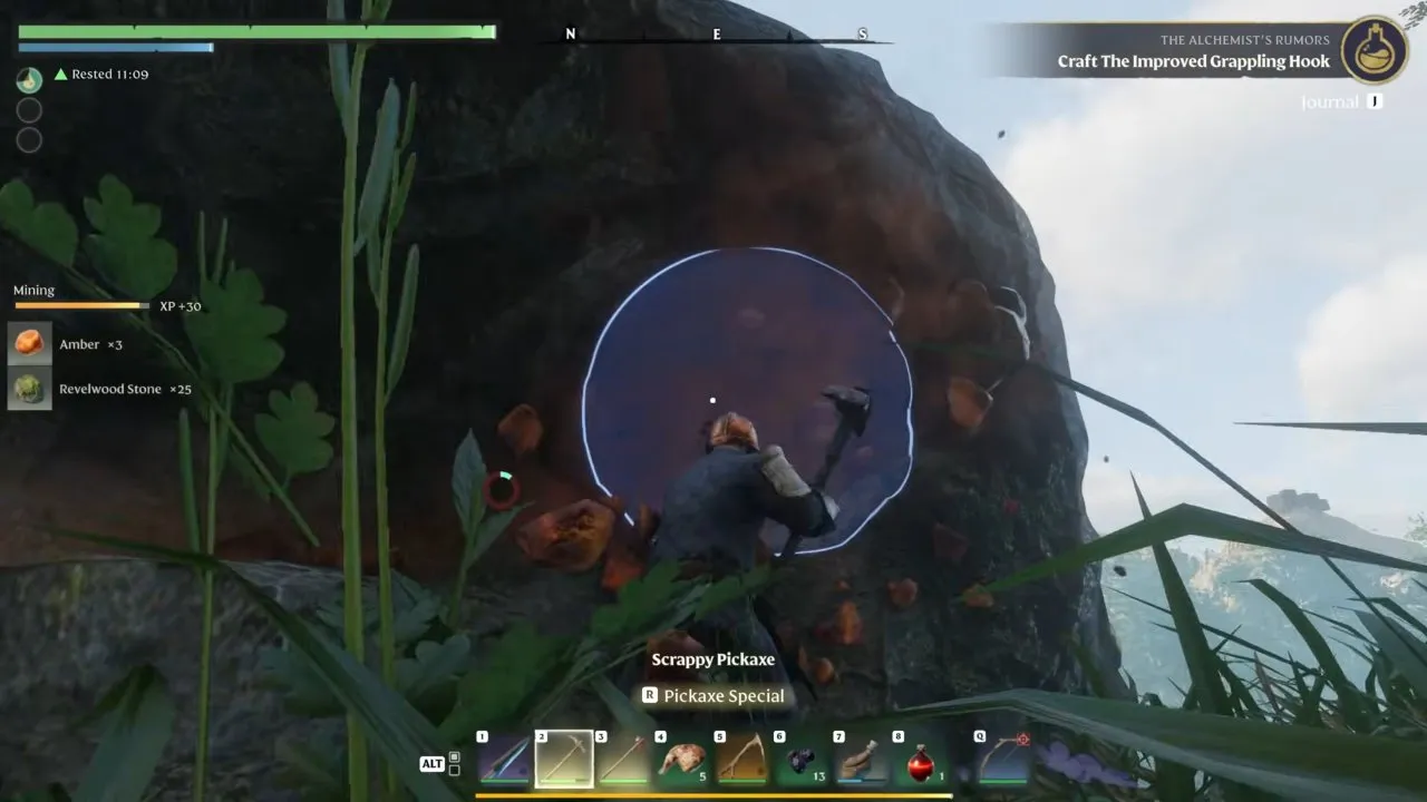 Enshrouded amber mining with a Scrappy Pickaxe and Amber x3 in the pickup list