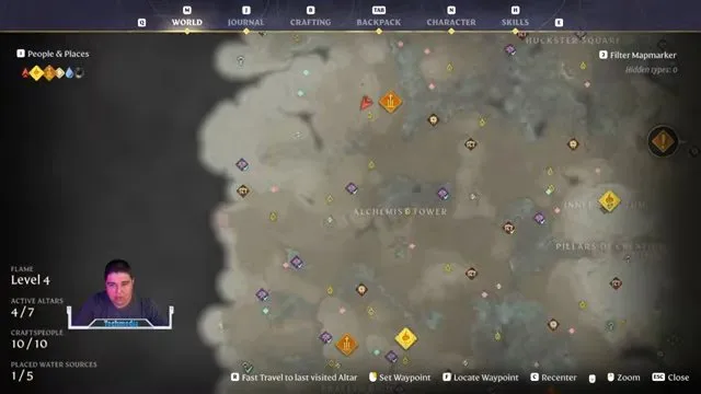 Enshrouded clay region map with the player marker near the Revelwood spire area