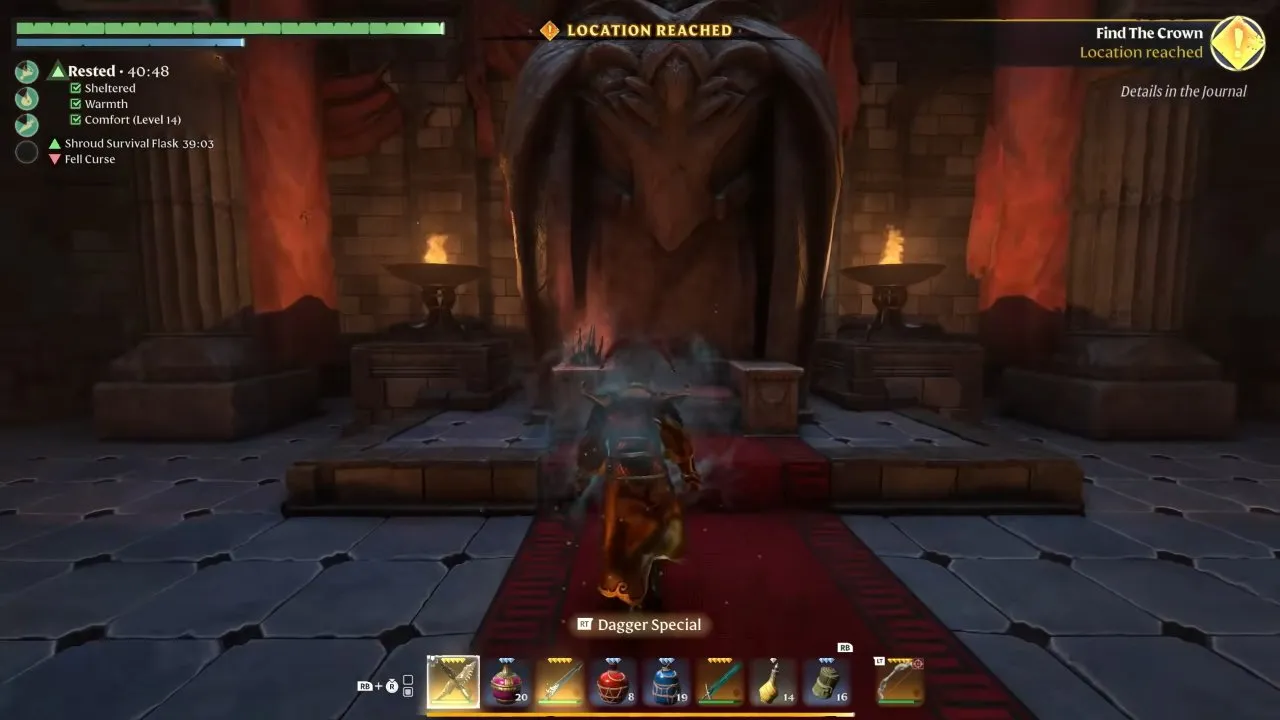 enshrouded Flame Upgrade Materials throne statue with Find The Crown location reached prompt