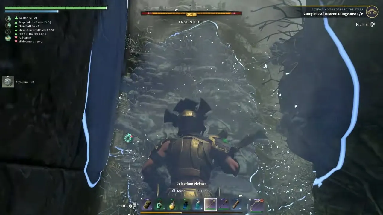 enshrouded Flame Upgrade Materials shortcut with a pickaxe facing a mined stone passage