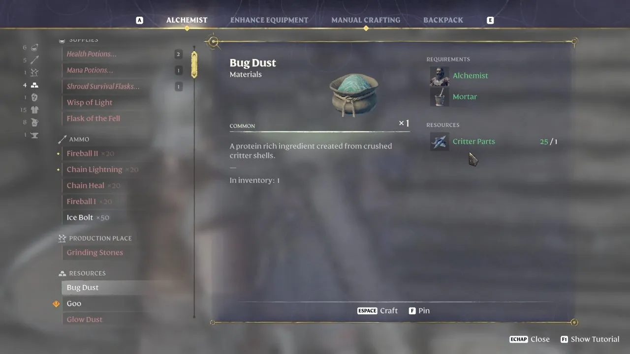 Enshrouded Goo unlock: the Bug Dust recipe at the Alchemist with the Mortar requirement, and Goo listed below it