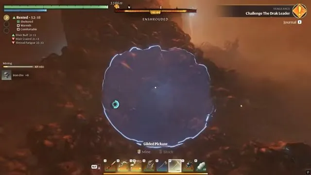 Enshrouded Iron Ore highlighted entrance deposit with Gilded Pickaxe and Iron Ore pickup text