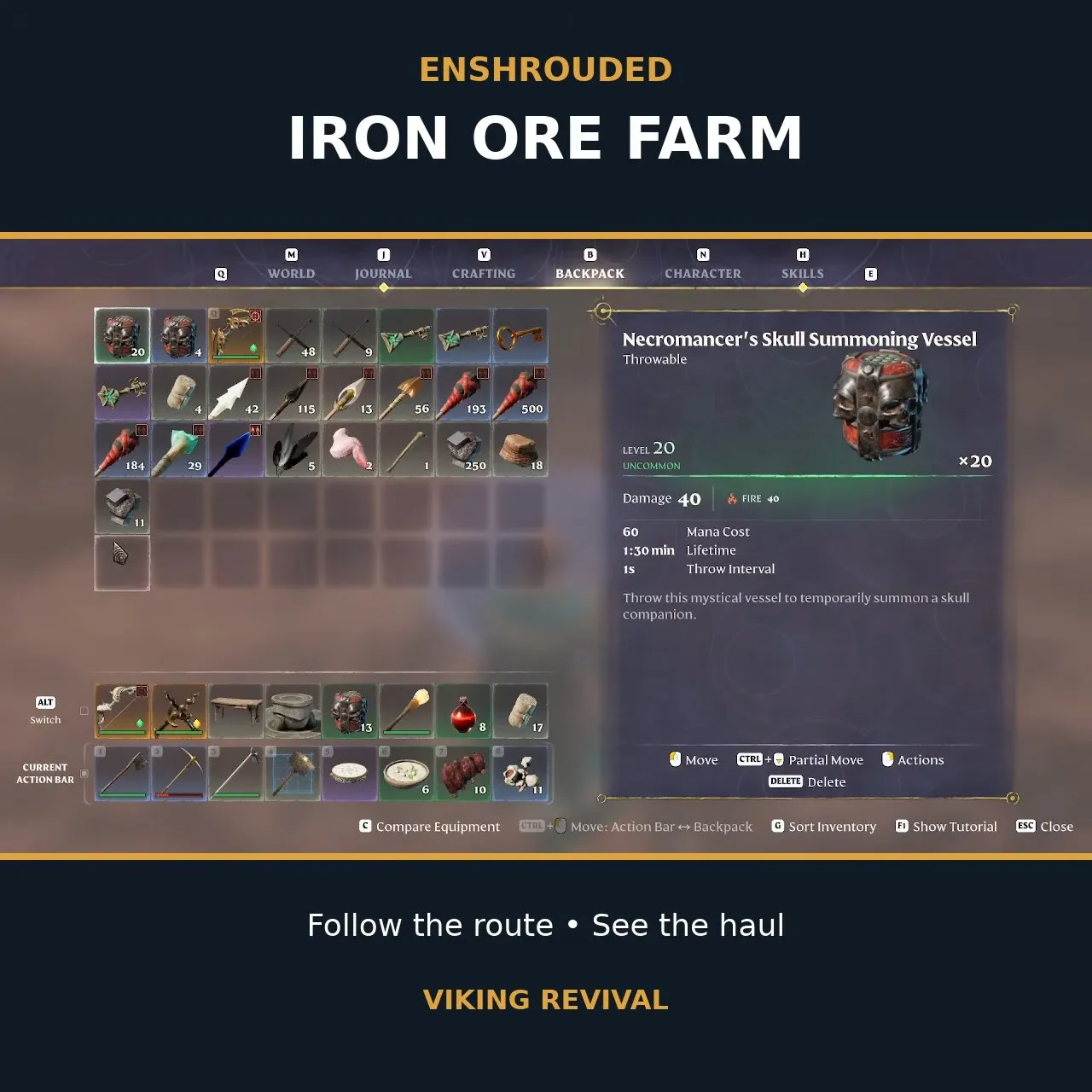 Enshrouded Iron Ore backpack with ore stacks labeled 250 and 11