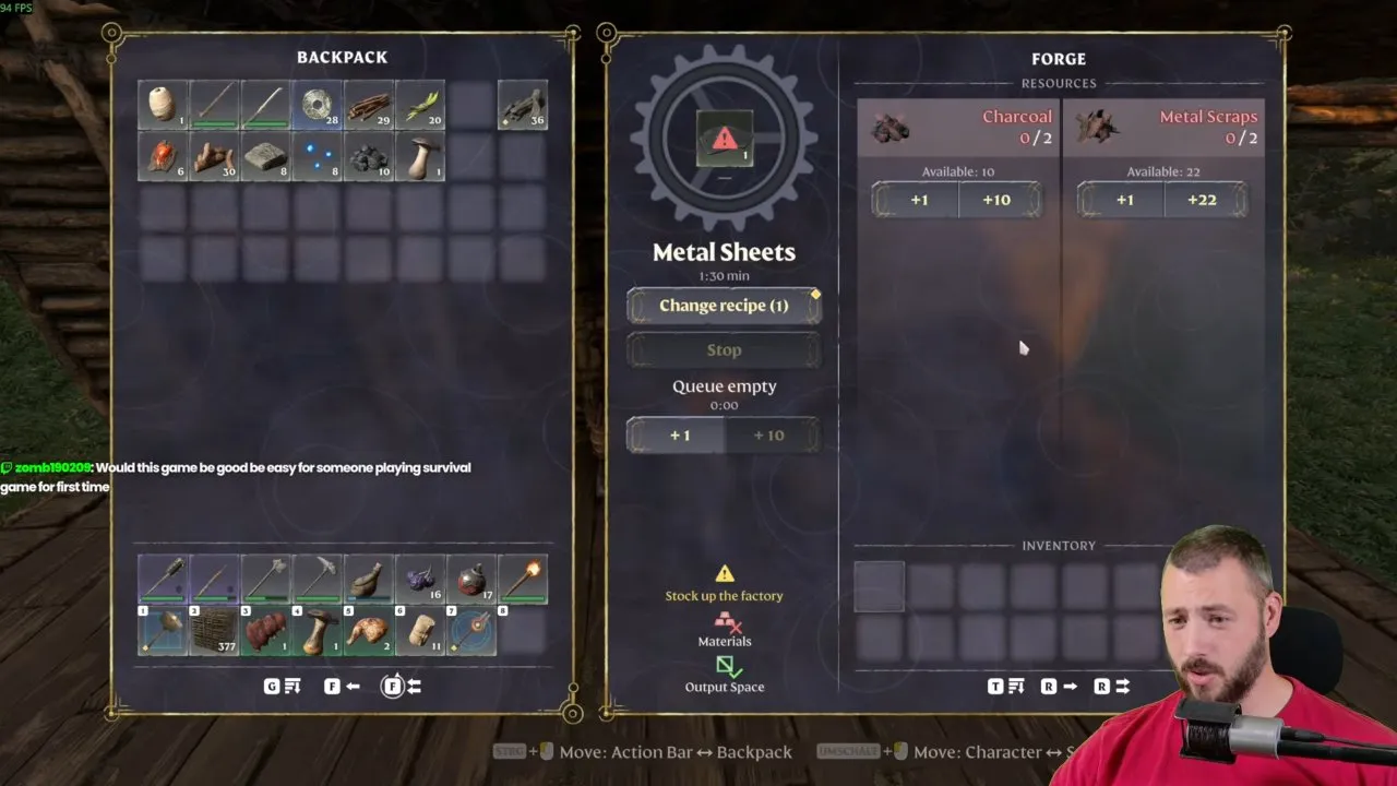 Enshrouded Metal Scraps and Charcoal resource slots in the Forge Metal Sheets menu