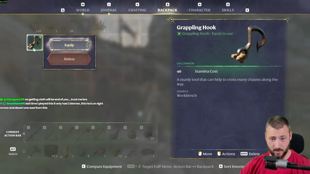 Enshrouded Metal Scraps progression with the Grappling Hook Equip action in the backpack