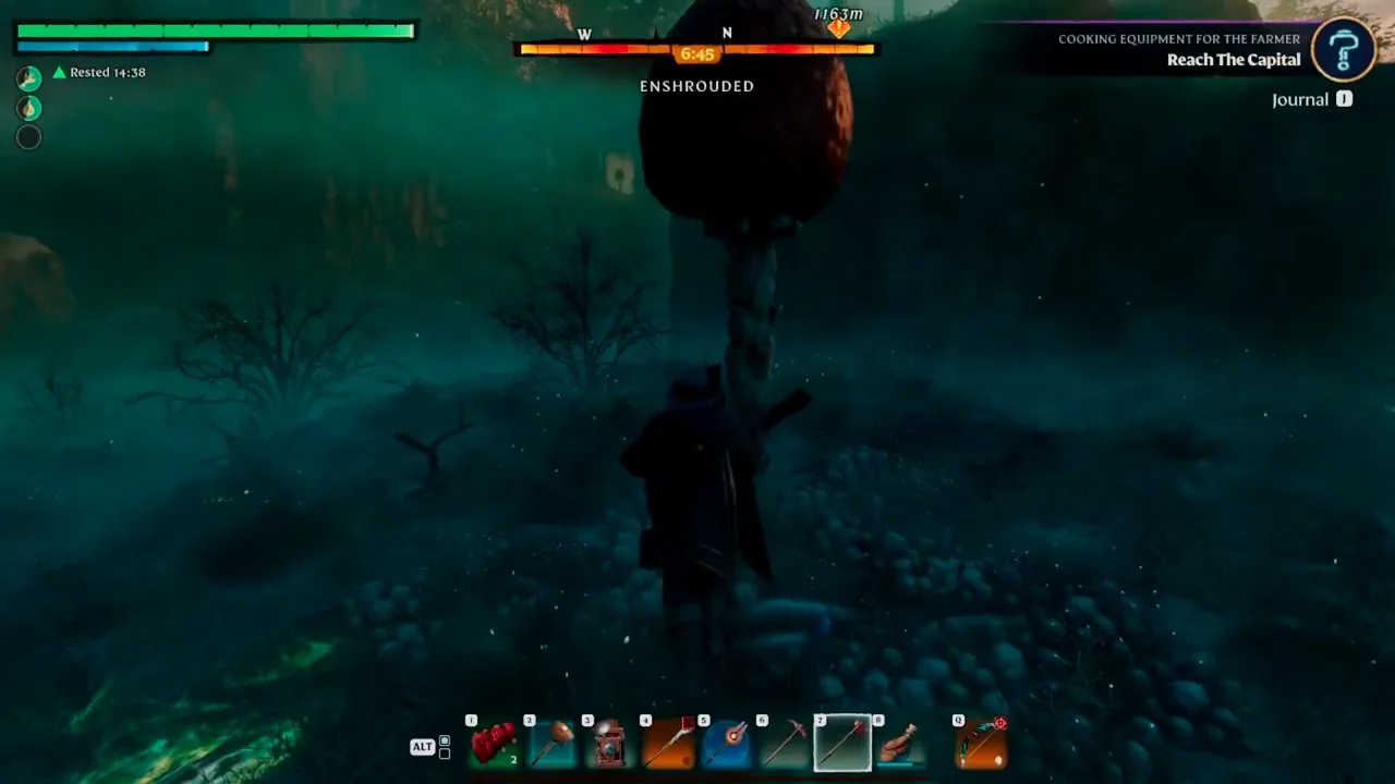 Enshrouded Shroud Mushroom harvesting with an axe beside a thick mushroom stem