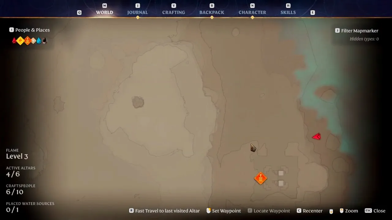 Enshrouded Shroud Mushroom map with the player marker northeast of an orange spire icon