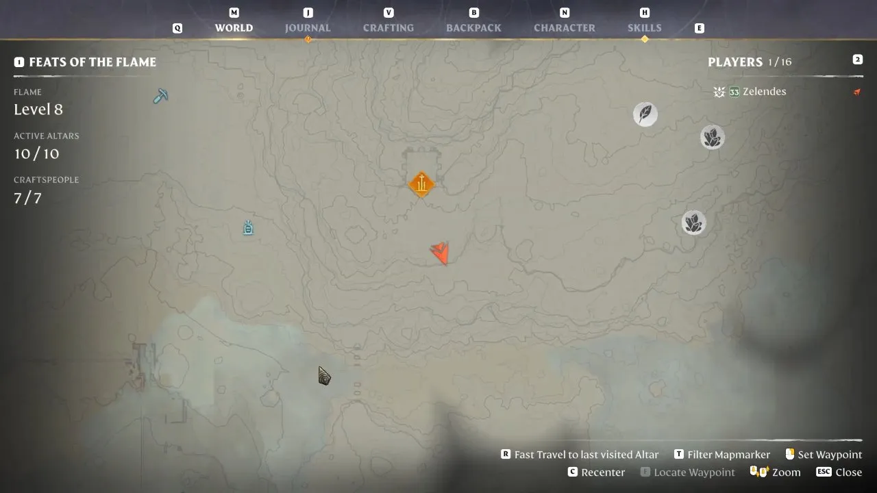 Enshrouded Silver Ore route map with a player marker south of an Ancient Spire icon
