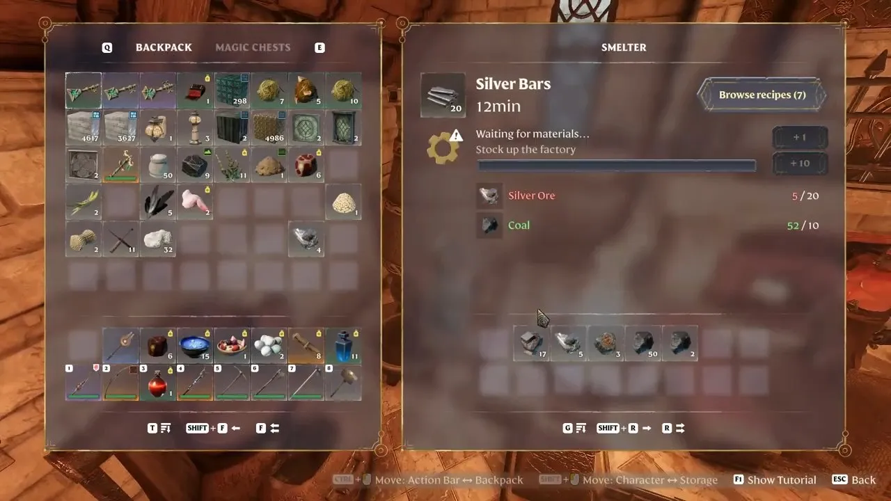 Enshrouded Silver Ore and Coal requirements beside the Silver Bars recipe