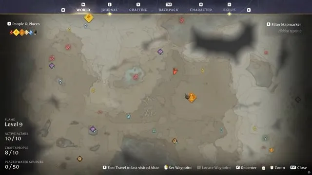 Enshrouded Tin Ore map with the player marker northwest of the Ancient Spire marker