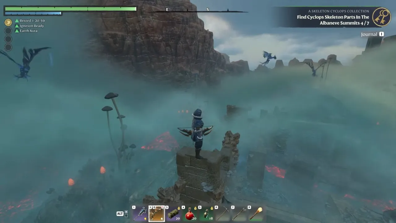 Enshrouded Vulture Talon farming with vultures flying over ruined walls in the Shroud